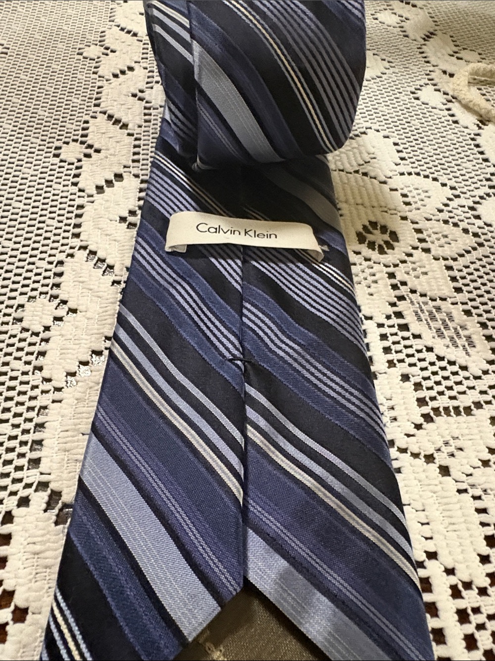 Calvin Klein Navy and Light Blue Striped Silk Tie